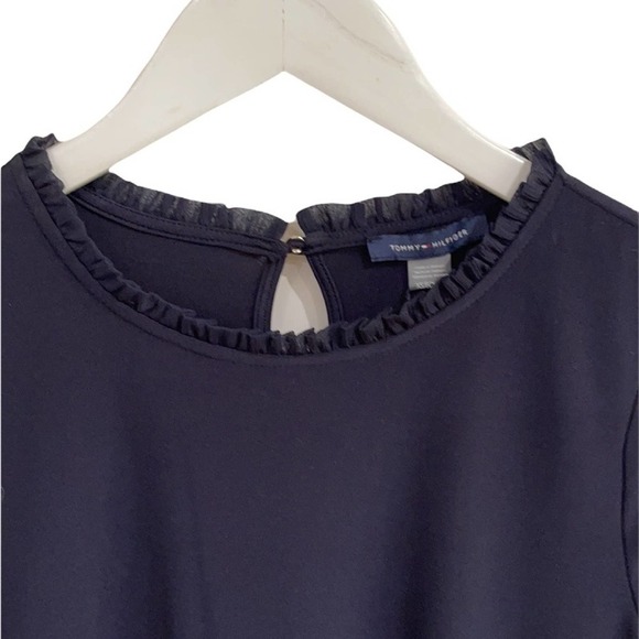 NWT Tommy Hilfiger Navy Ruffled Neckline Short Sleeve Top SZ XS - Picture 2 of 7